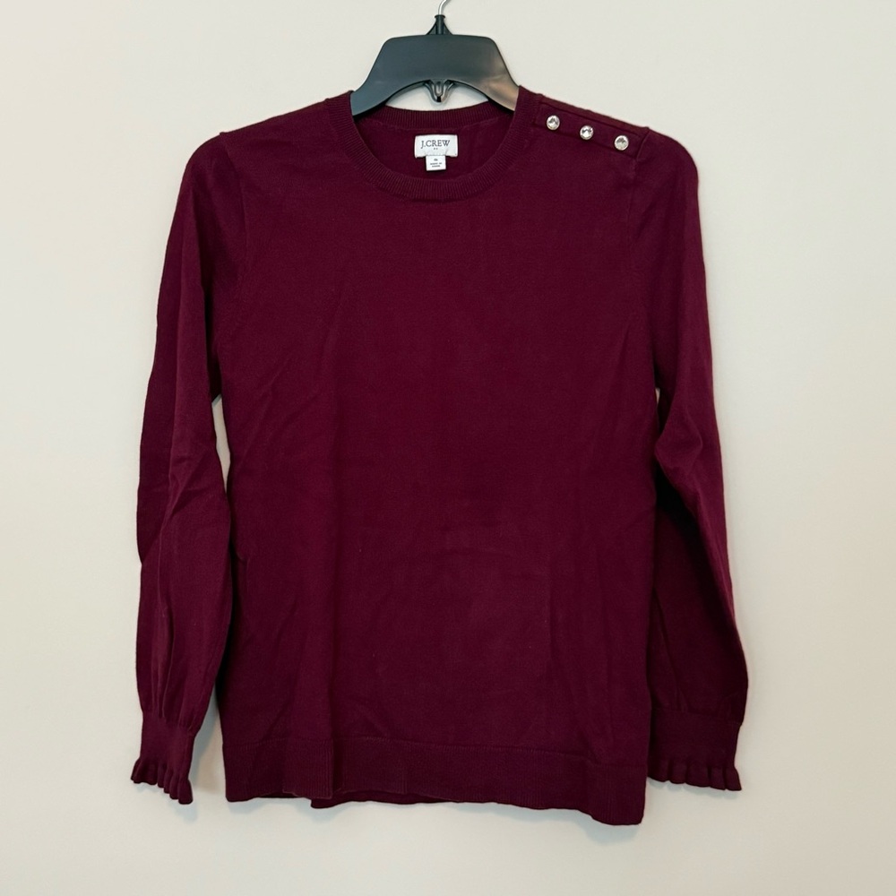 J. Crew Wine Red Crew Neck Sweater Elegant Design w/ Sparkle Detail Ruffle Cuffs